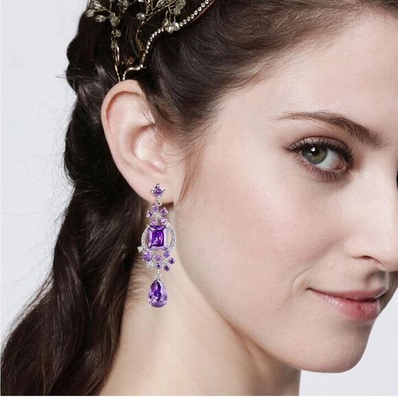 Silver with Purple Amethyst and White Diamond CZ Floral Chandelier Post Earrings - Picture 4 of 6